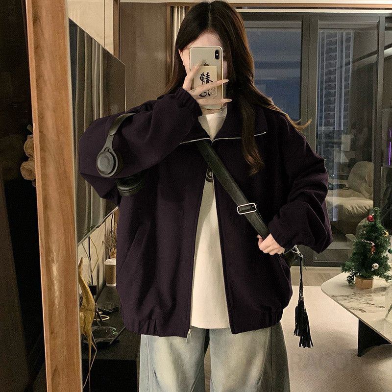 여성 빅사이즈 루즈핏 카라넥 오버핏 집업 점퍼 자켓 아우터 메탈 지퍼 밑단 스트링 크롭 봄 가을 - 상세 이미지 4