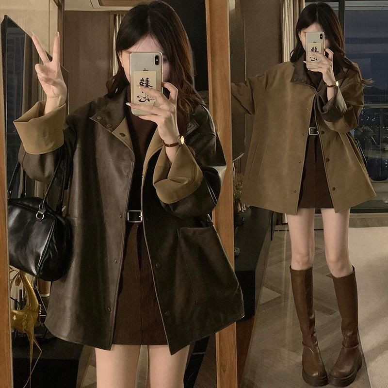 여성 빅사이즈 양면 리버시블 레더 자켓 루즈핏 오버핏 숏코트 투웨이 트렌치 캐주얼 데일리 아우터 봄 가을 - 메인 이미지