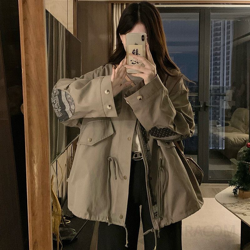 여성 빅사이즈 오버핏 워크웨어 사파리 점퍼 카라 자켓 루즈핏 간절기 아우터 패치포켓 스트링허리 봄 가을 - 상세 이미지 4