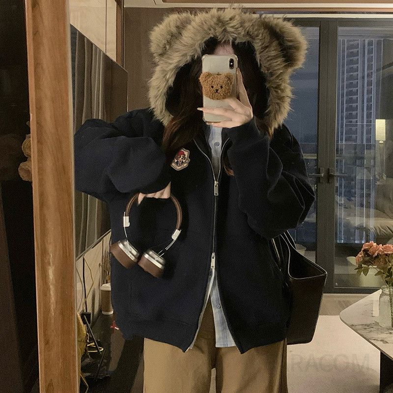 여성 빅사이즈 루즈핏 곰돌이 귀 털 후드집업 기모 후리스 안감 캐주얼 따뜻한 겨울 자켓 아우터 - 상품 이미지