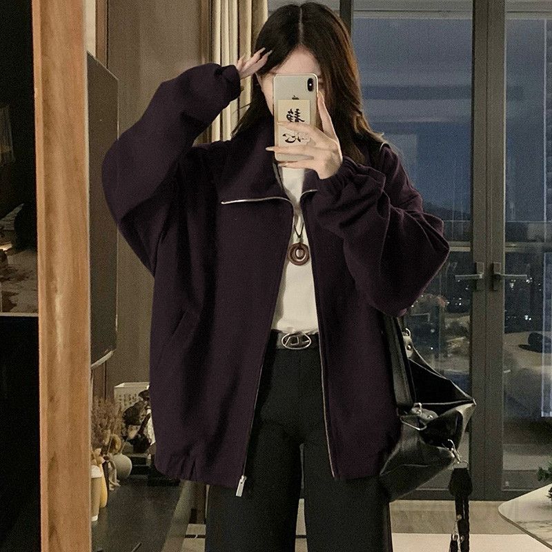 여성 빅사이즈 루즈핏 카라넥 오버핏 집업 점퍼 자켓 아우터 메탈 지퍼 밑단 스트링 크롭 봄 가을 - 상세 이미지 3