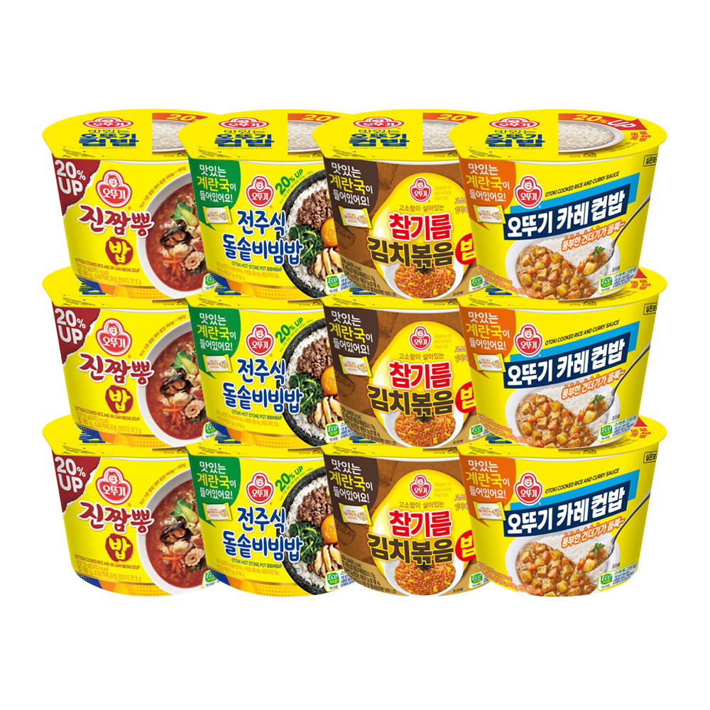 오뚜기 컵밥 진짬뽕밥 + 전주식돌솥비빔밥 + 참기름김치볶음밥 + 카레 각 3개 총 12개 - 상품 이미지