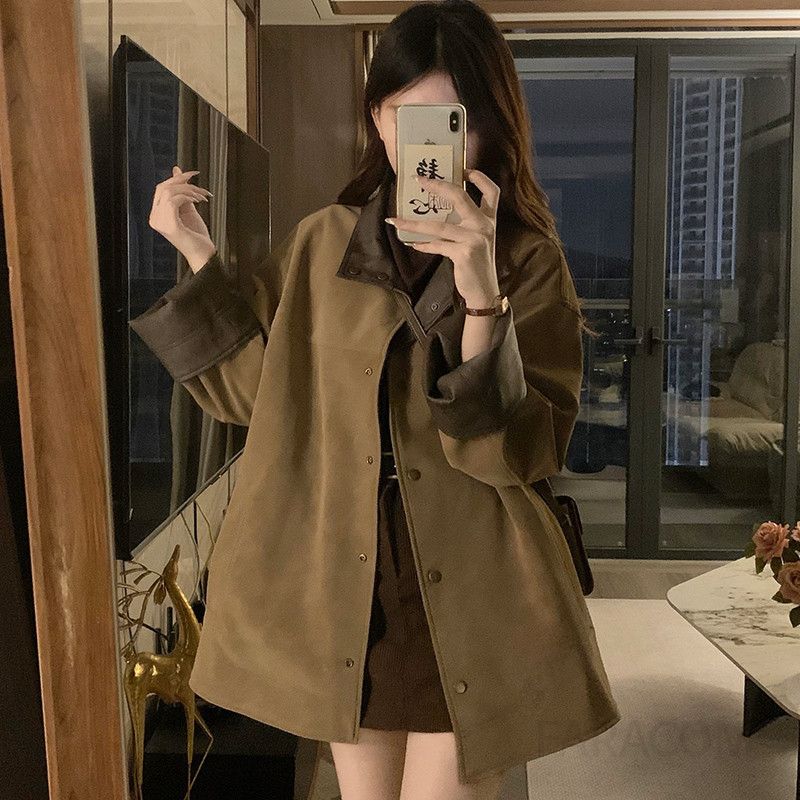 여성 빅사이즈 양면 리버시블 레더 자켓 루즈핏 오버핏 숏코트 투웨이 트렌치 캐주얼 데일리 아우터 봄 가을 - 상세 이미지 4