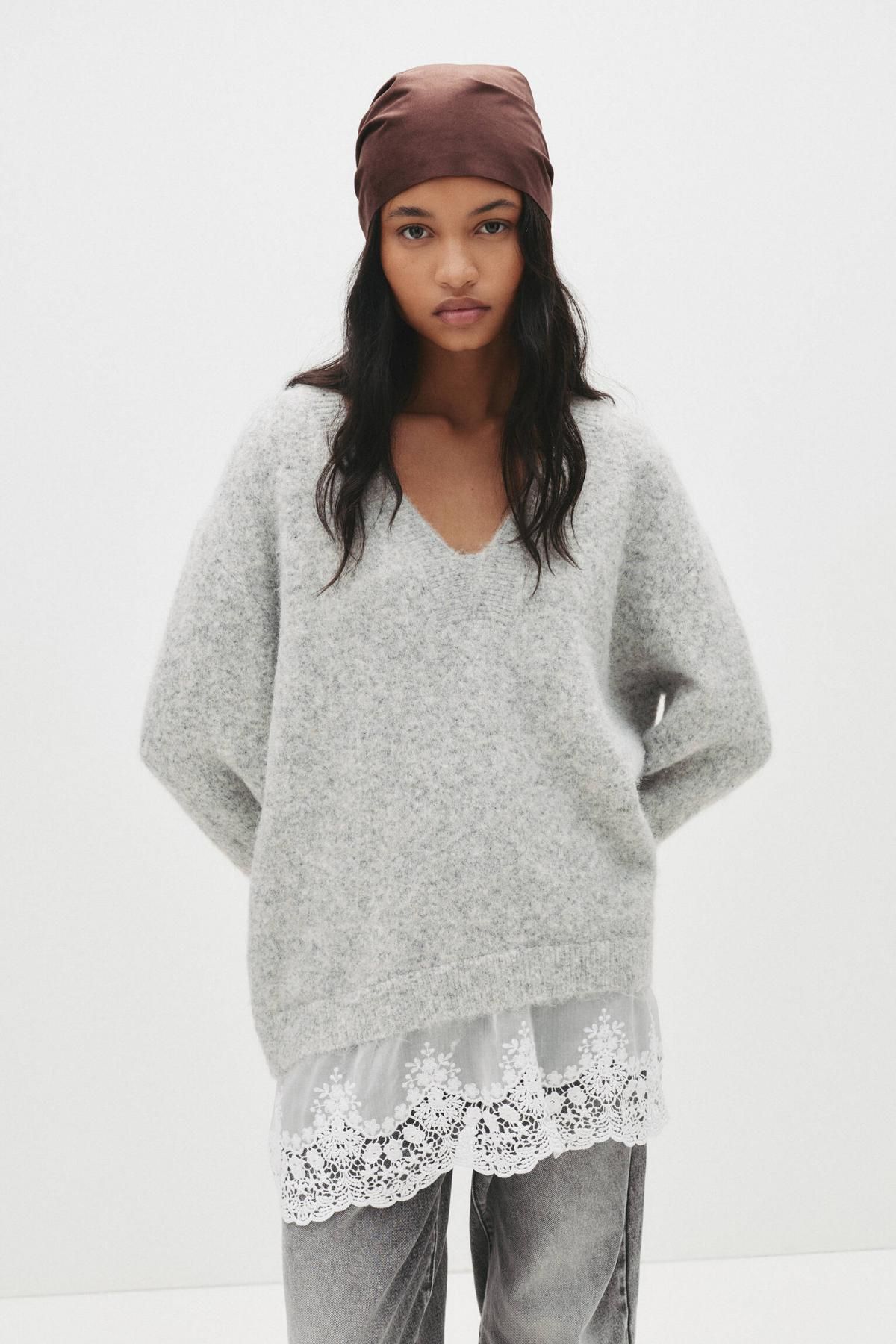 풀앤베어 레이스 배색 브이넥 울블렌드 니트 스웨터 7550/371 GREY MARL - 상세 이미지 3