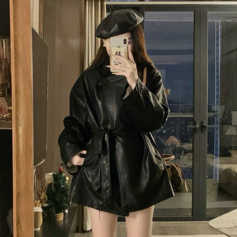여성 빅사이즈 루즈핏 벨티드 레더자켓 숏 아우터 시크 모던 캐주얼 간절기 가을 데일리 오피스룩 가죽 - 상세 이미지 2