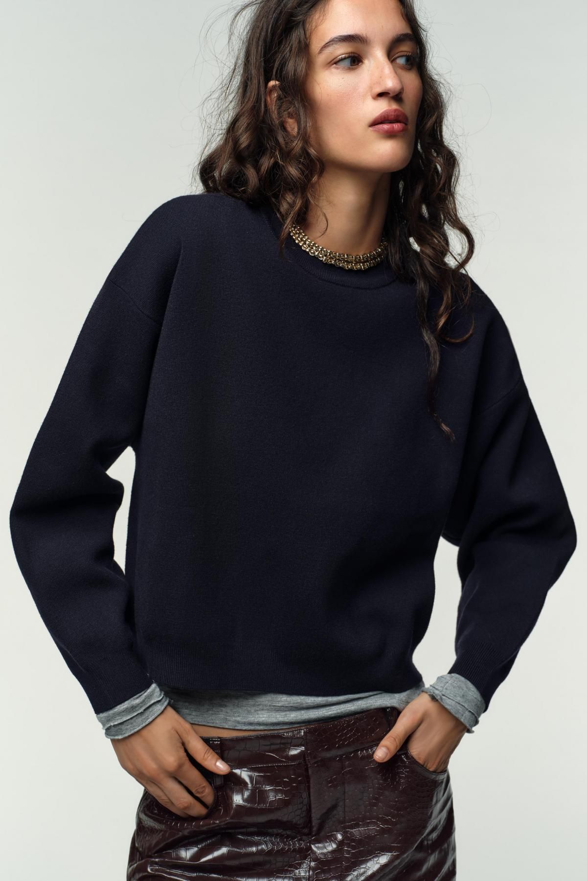 자라 미니멀 라운드넥 니트 긴팔 스웨트셔츠 9598/187 NAVY BLUE - 상세 이미지 4