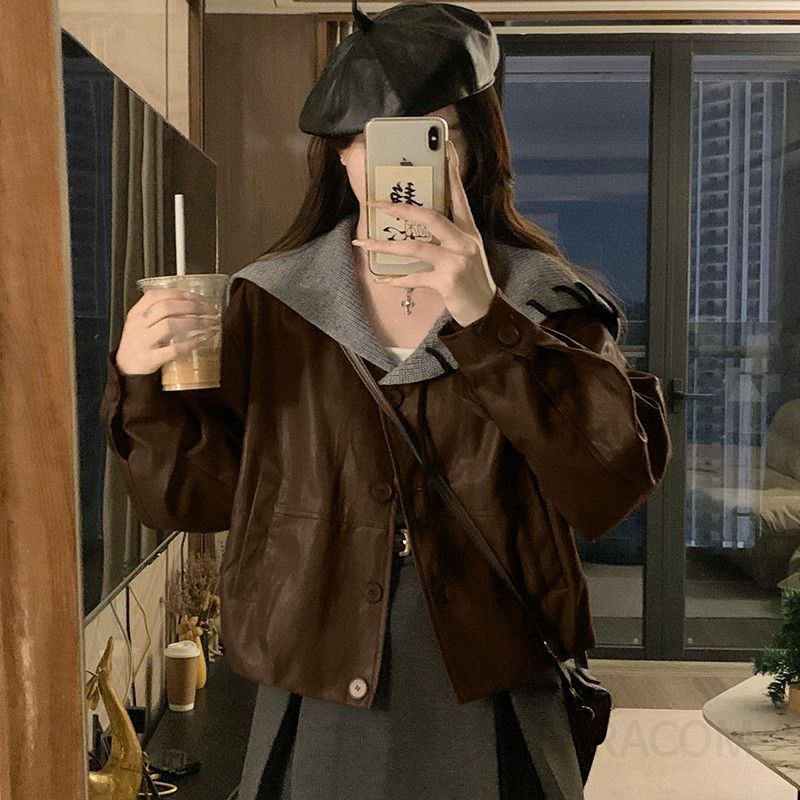 여성 빅사이즈 레트로 빈티지 배색 카라 크롭 후드 점퍼 자켓 가을 간절기 아우터 캐주얼룩 - 상세 이미지 5