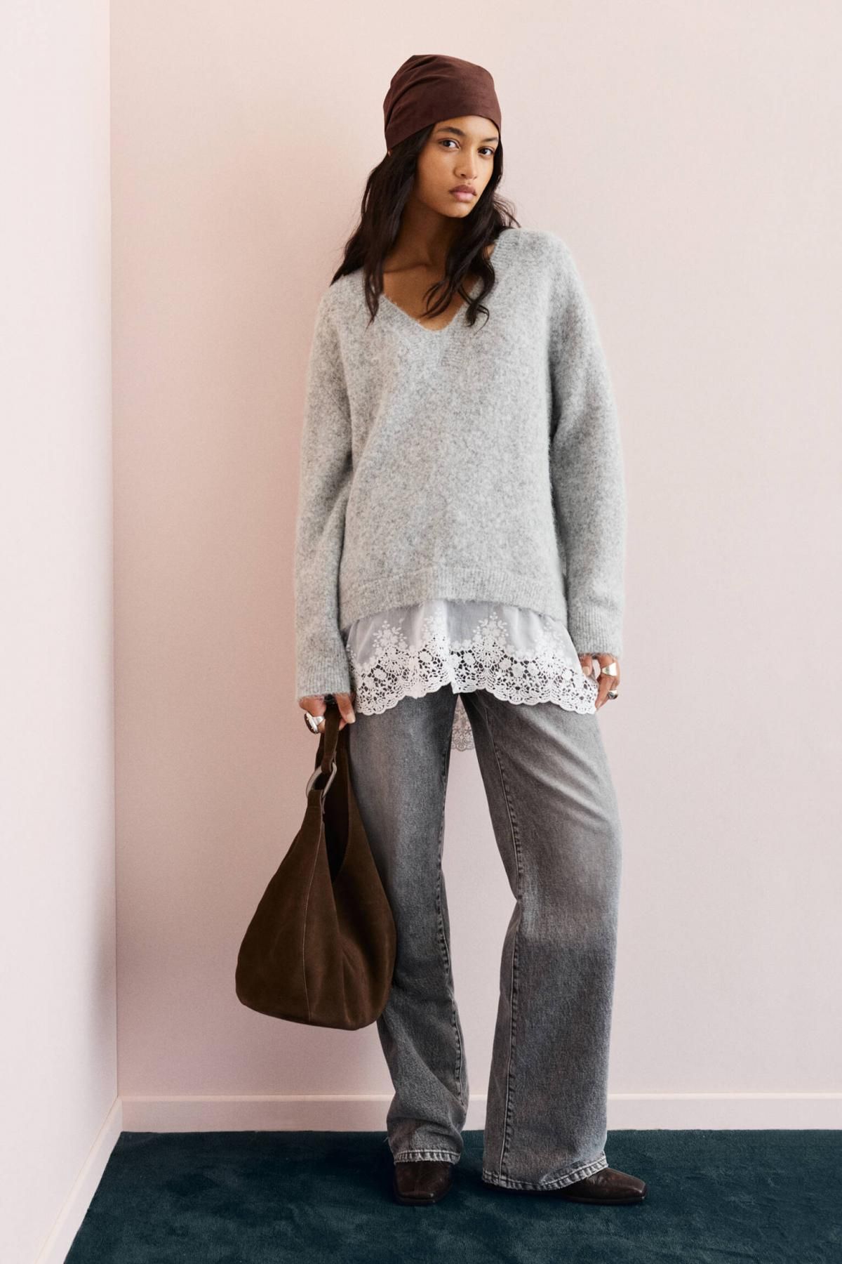 풀앤베어 레이스 배색 브이넥 울블렌드 니트 스웨터 7550/371 GREY MARL - 상세 이미지 2