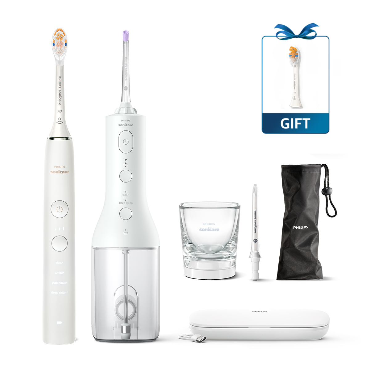 필립스 소닉케어 전동칫솔 구강세정기 세트 다이아몬드클린 9000 화이트/화이트 제품 이미지