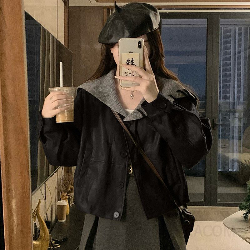 여성 빅사이즈 레트로 빈티지 배색 카라 크롭 후드 점퍼 자켓 가을 간절기 아우터 캐주얼룩 - 상세 이미지 4