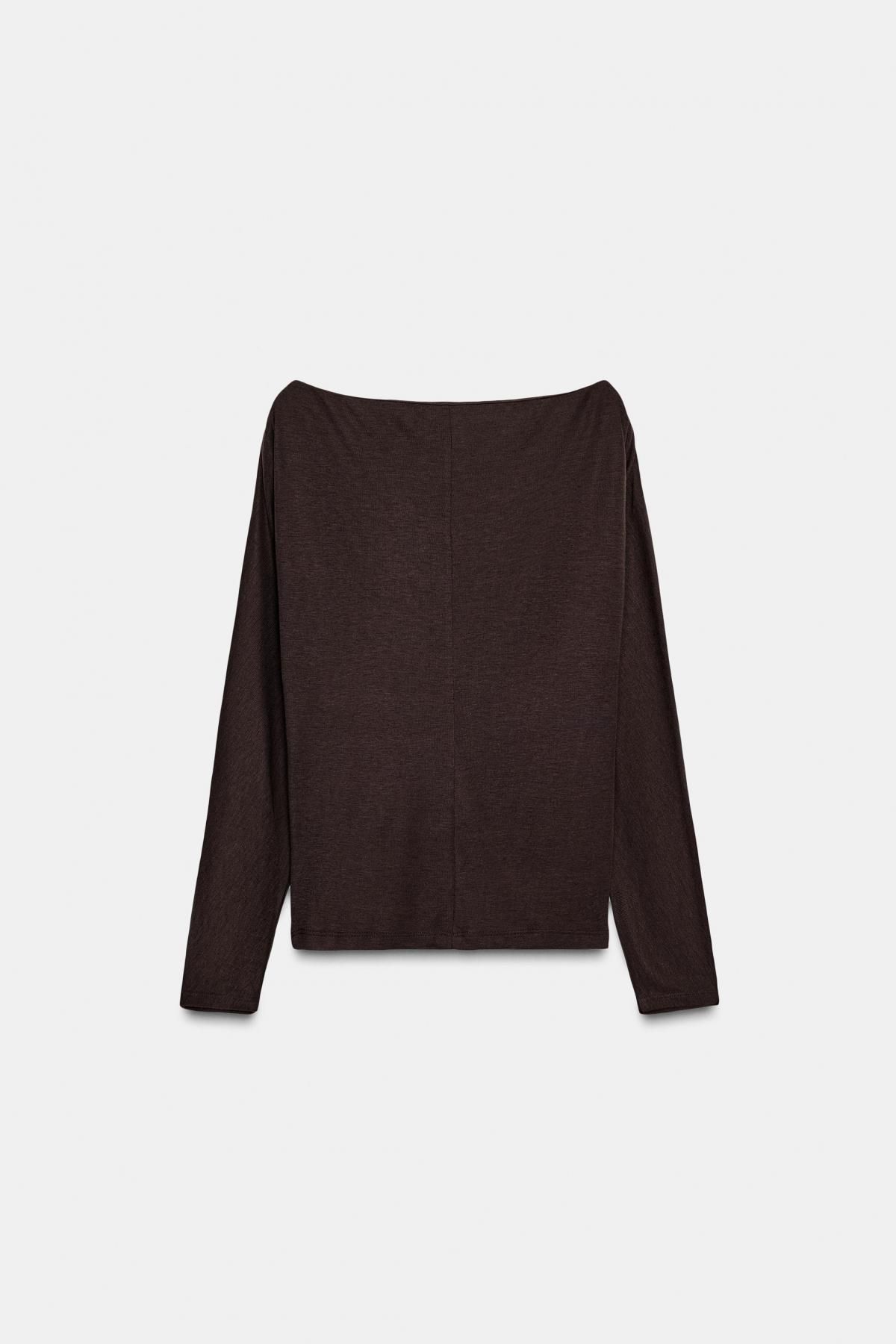자라 슬림핏 보트넥 배트윙 스터드 긴팔 티셔츠 5584/808 DARK BROWN 이미지 7