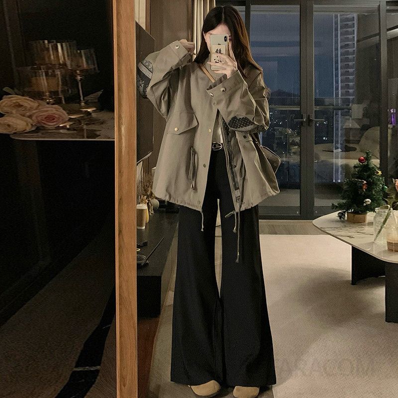 여성 빅사이즈 오버핏 워크웨어 사파리 점퍼 카라 자켓 루즈핏 간절기 아우터 패치포켓 스트링허리 봄 가을 - 상세 이미지 3