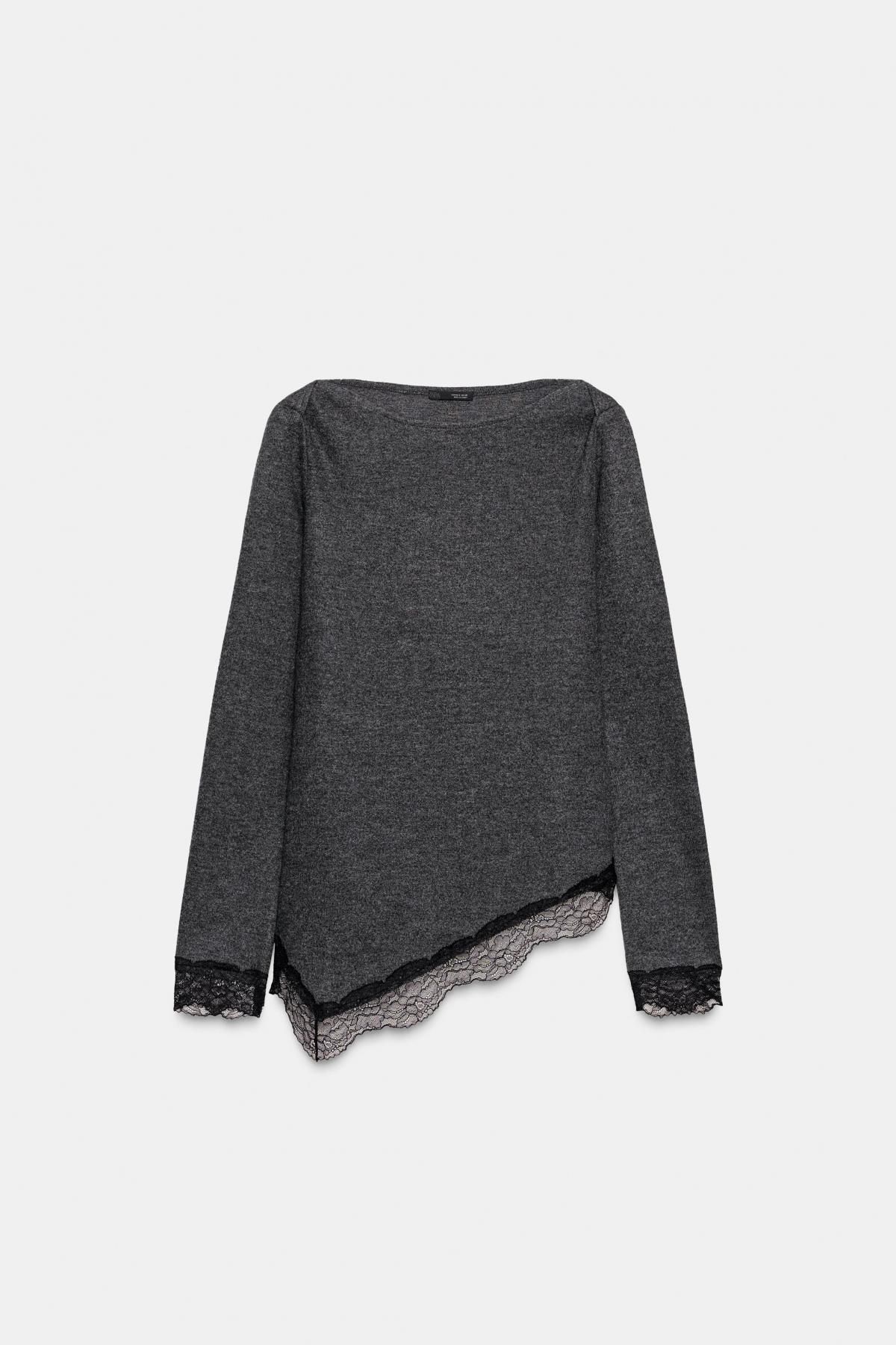 자라 레이스 트리밍 비대칭 라운드넥 긴팔 티셔츠 5039/229 ANTHRACITE GREY - 메인 이미지