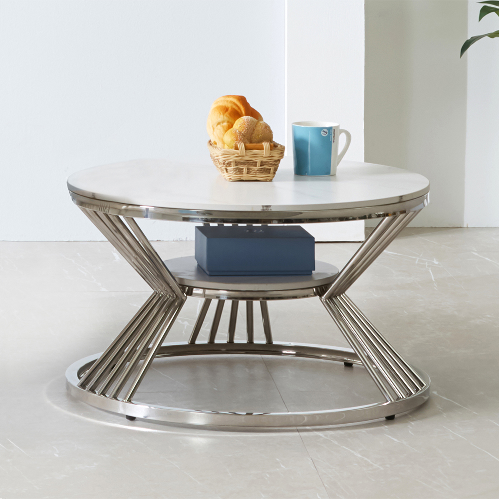스코나 트비아 원형 듀얼 포세린 세라믹 스텐스틸 거실 소파 테이블 S