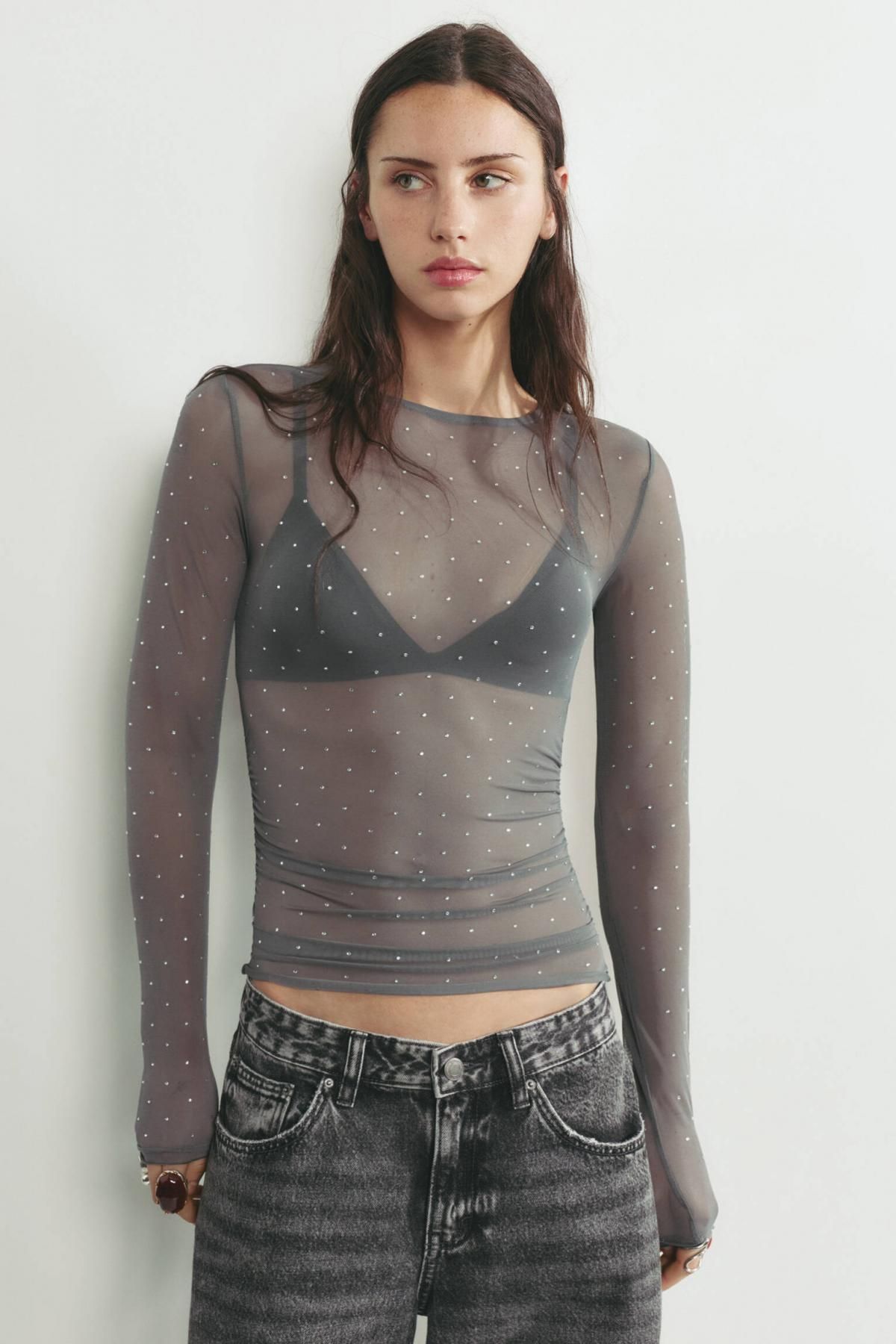 풀앤베어 글리터 시스루 라인스톤 튤 긴팔 티셔츠 7153/353 GREY - 상세 이미지 3