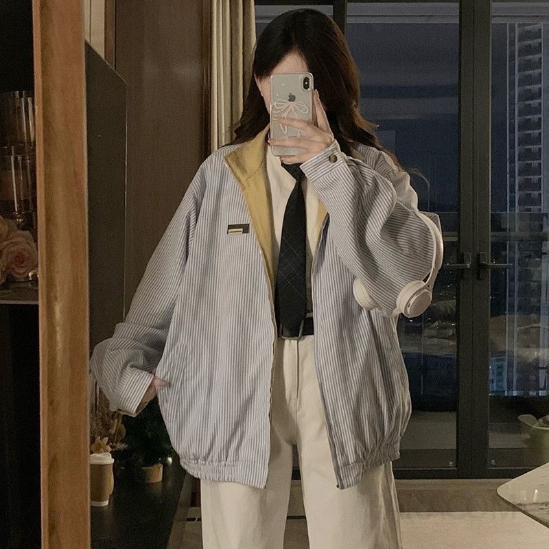 여성 양면 리버시블 오버핏 루즈핏 바람막이 숏점퍼 턴업 카라 집업 캐주얼 간절기 아우터 데일리룩 가을 - 상세 이미지 3