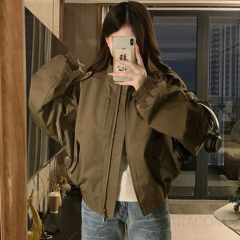 여성 빅사이즈 크롭 기장 카라 바람막이 자켓 루즈핏 숏점퍼 야상 아우터 간절기 데일리룩 캐주얼 여자 봄 가을 - 상세 이미지 2