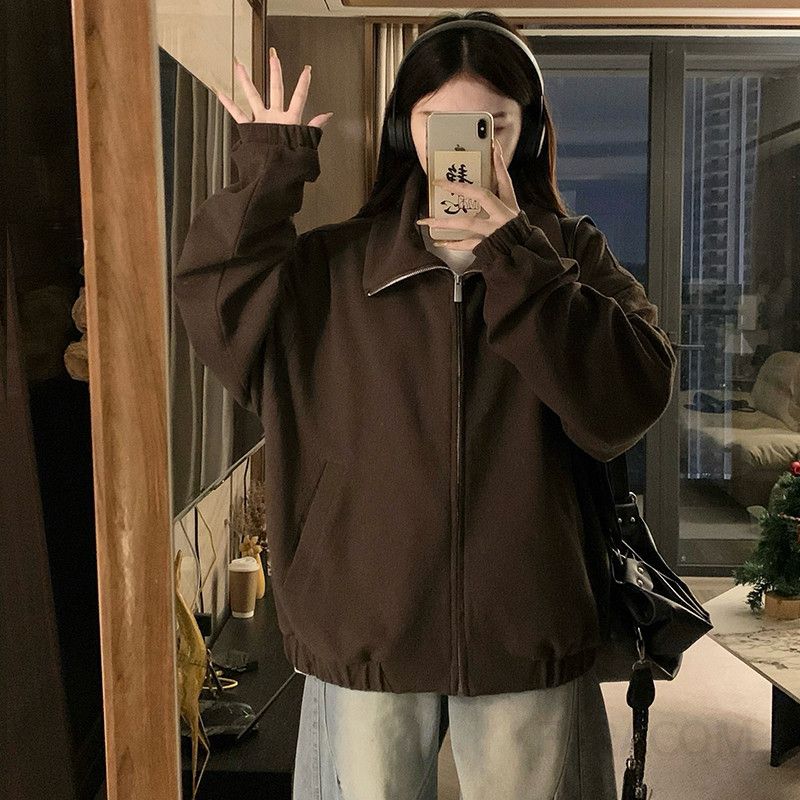 여성 빅사이즈 루즈핏 카라넥 오버핏 집업 점퍼 자켓 아우터 메탈 지퍼 밑단 스트링 크롭 봄 가을 - 메인 이미지