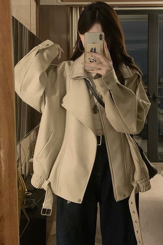 여성 빅사이즈 박시핏 오버핏 레더 가죽 자켓 점퍼 아우터 빈티지 레트로 간절기 시크 데일리 라이더 블루종 봄 가을 - 상세 이미지 5