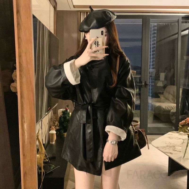 여성 빅사이즈 루즈핏 벨티드 레더자켓 숏 아우터 시크 모던 캐주얼 간절기 가을 데일리 오피스룩 가죽 - 상세 이미지 5