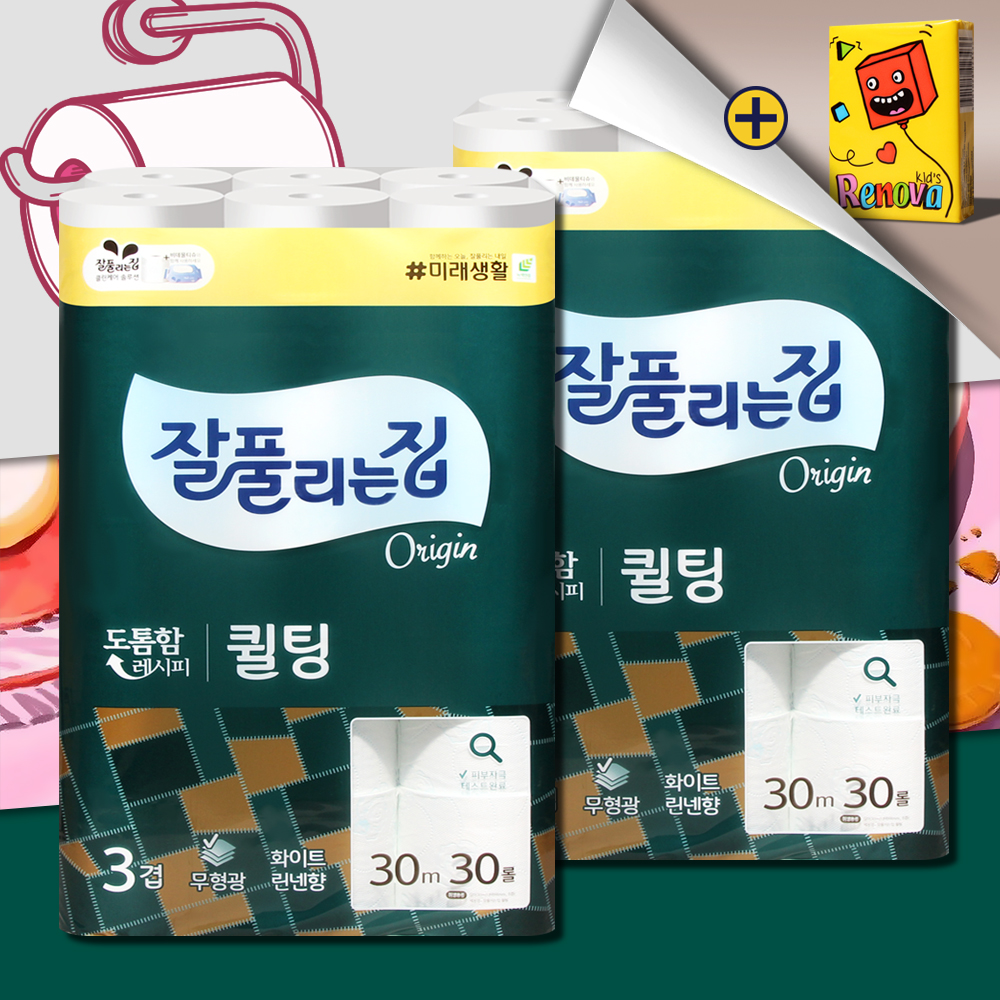 잘풀리는집 퀼팅 화장지 3겹 30m 30롤 2팩 먼지없는 물에잘녹는 두루마리휴지 - 상품 이미지