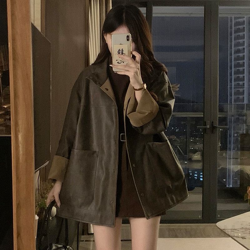 여성 빅사이즈 양면 리버시블 레더 자켓 루즈핏 오버핏 숏코트 투웨이 트렌치 캐주얼 데일리 아우터 봄 가을 - 상세 이미지 3