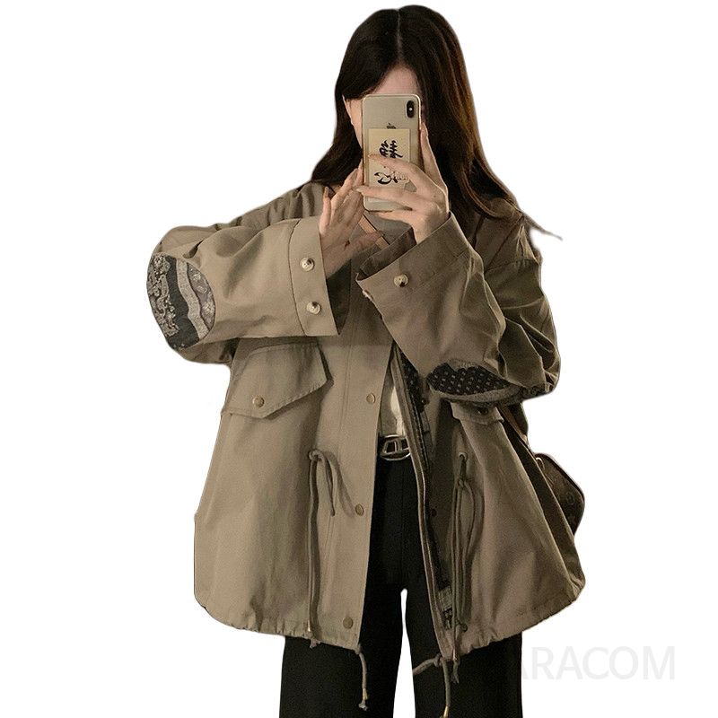 여성 빅사이즈 오버핏 워크웨어 사파리 점퍼 카라 자켓 루즈핏 간절기 아우터 패치포켓 스트링허리 봄 가을 - 상세 이미지 5