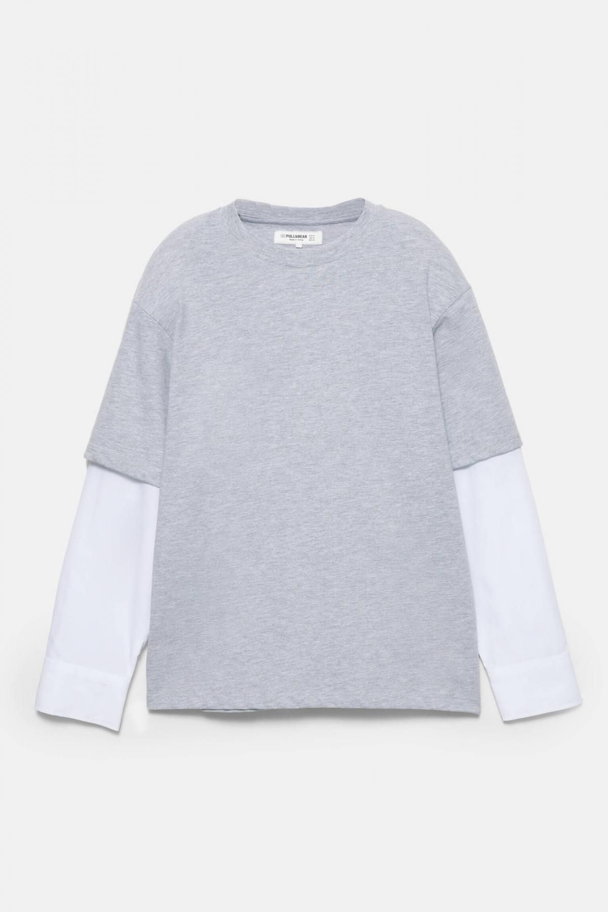 풀앤베어 오버사이즈 더블 슬리브 라운드넥 포플린 티셔츠 7152/311 GREY MARL - 메인 이미지