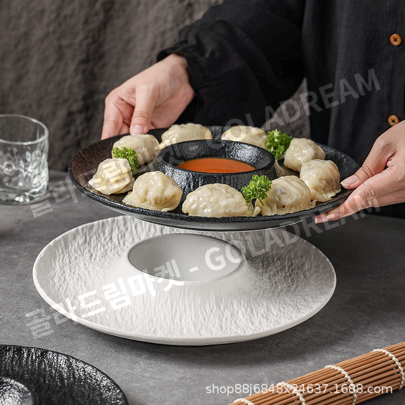 소스접시 세라믹 만두접시 종지 일체형 만두 새우 스시 초밥 일식 플레이트 22.5cm 화이트 - 상품 이미지