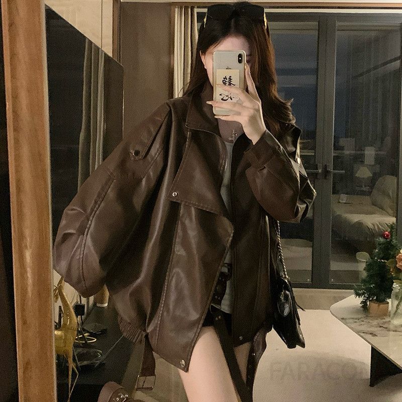 여성 빅사이즈 박시핏 오버핏 레더 가죽 자켓 점퍼 아우터 빈티지 레트로 간절기 시크 데일리 라이더 블루종 봄 가을 - 상세 이미지 3