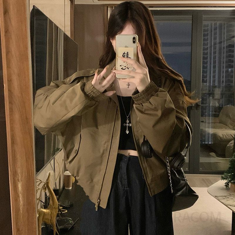 여성 빅사이즈 크롭 기장 카라 바람막이 자켓 루즈핏 숏점퍼 야상 아우터 간절기 데일리룩 캐주얼 여자 봄 가을 - 상세 이미지 3
