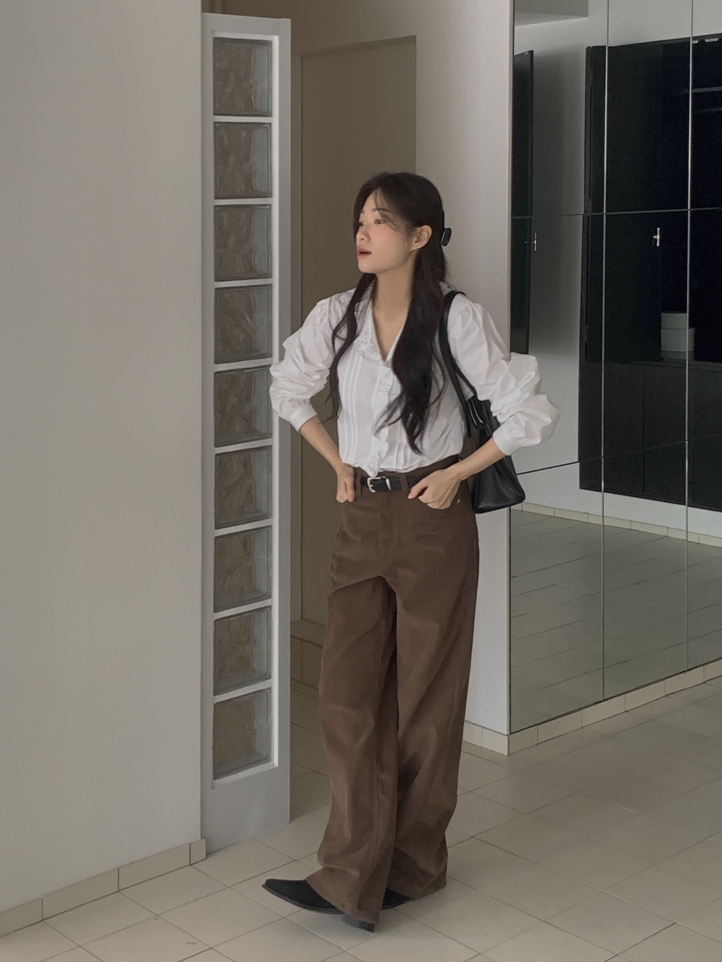 오버무드 겨울 피치 기모 레이어드 레이스 핀턱 프릴 긴팔 카라 러블리 블라우스 - 상세 이미지 3