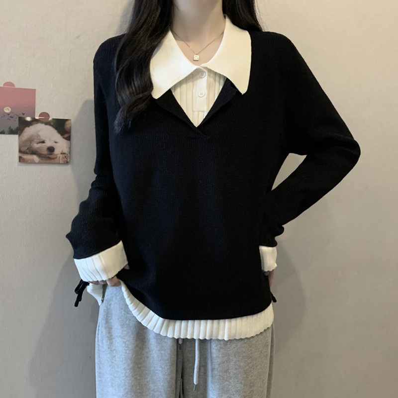 가짜투리스같은 카라 긴팔니트 레이어드 날씬해보이는 디자인 빅사이즈 4XL까지 봄가을패션 - 상품 이미지