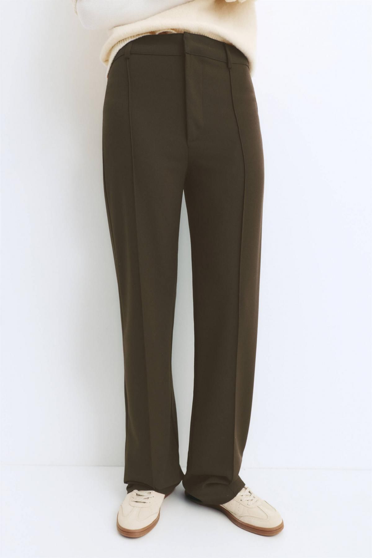 풀앤베어 하이웨이스트 심 디테일 세미 와이드 슬랙스 팬츠 7678/431 MEDIUM KHAKI - 상품 이미지