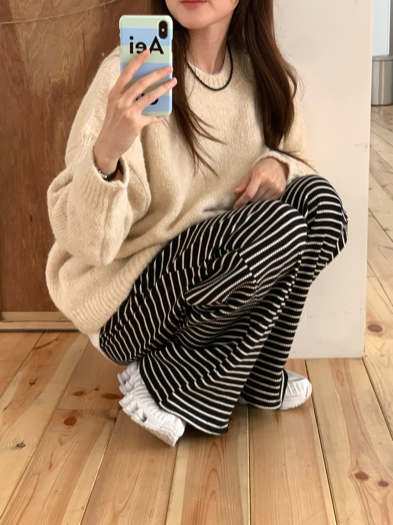 오버무드 골지 단가라 밴딩 스트라이프 줄무늬 와플 캐주얼 홈웨어 트레이닝 팬츠 - 상세 이미지 2