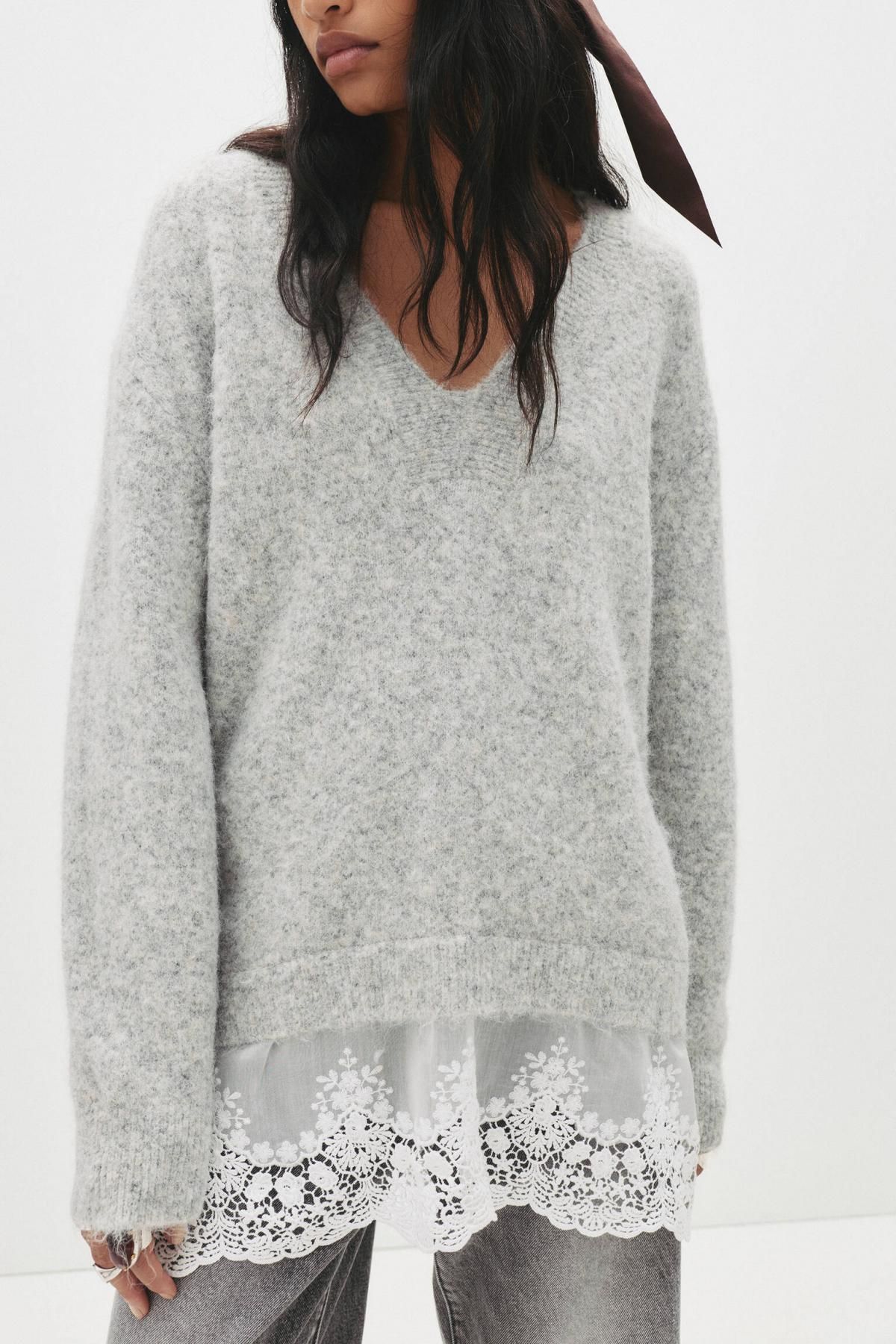 풀앤베어 레이스 배색 브이넥 울블렌드 니트 스웨터 7550/371 GREY MARL - 상세 이미지 5
