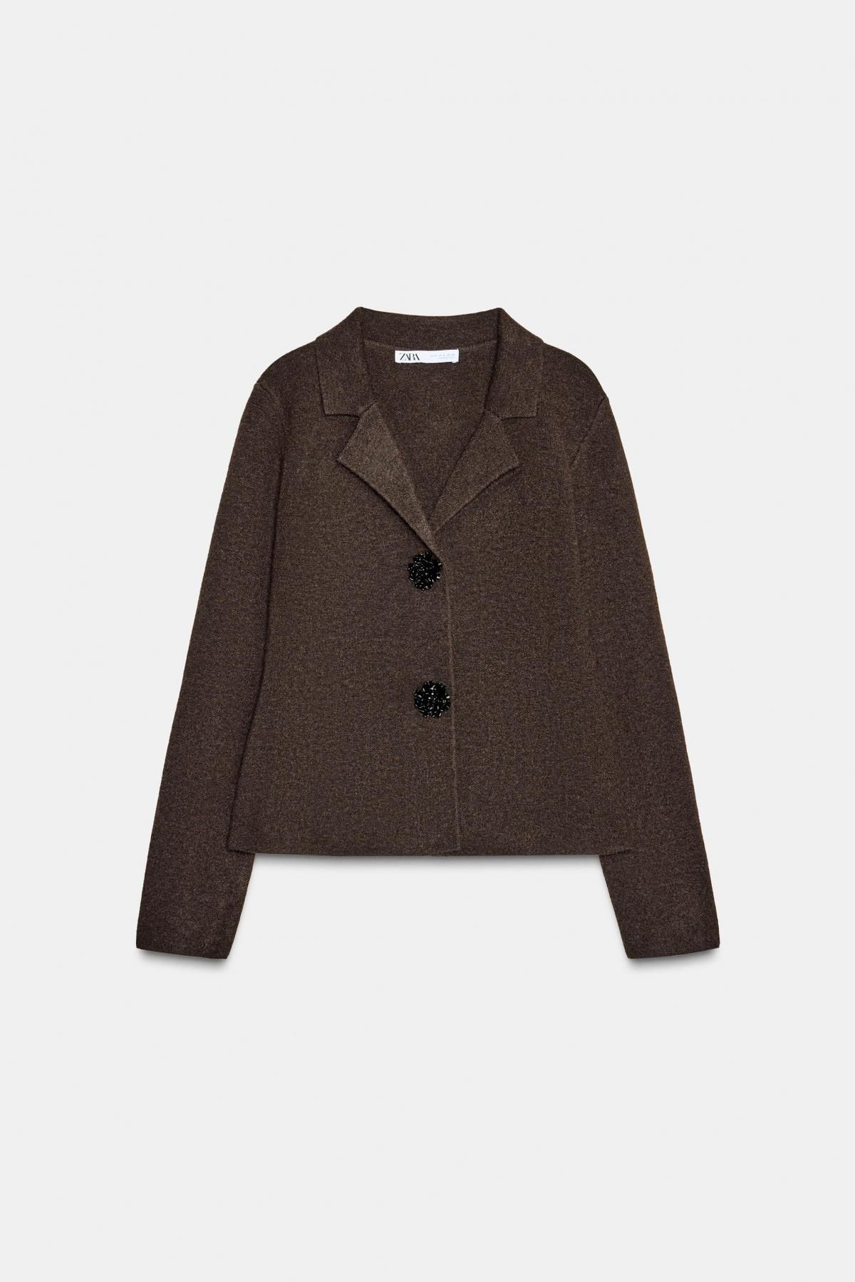 자라 트렌디 니트 블레이저 플라워 라인스톤 버튼 5755/004 BROWN - 메인 이미지