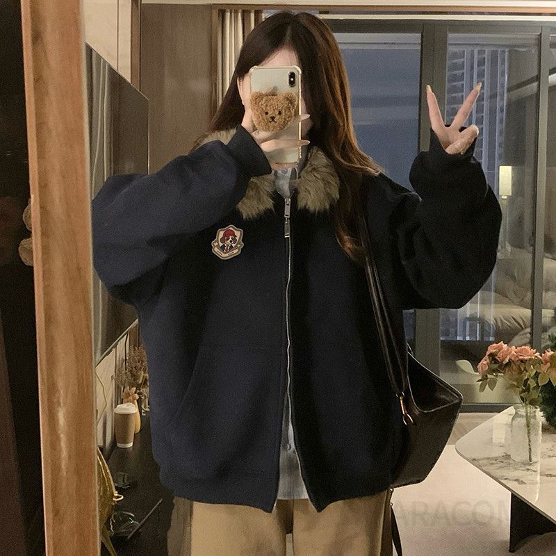 여성 털후드 루즈핏 플리스 집업 자켓 아우터 점퍼 오버핏 데일리룩 간절기 캐주얼 상의 봄 가을 - 상세 이미지 5