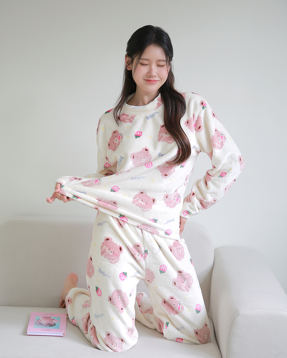 DDO 여성 극세사 곰돌이 여자 수면잠옷 긴팔 긴바지 겨울 상하의 파자마 잠옷 세트 모모 - 메인 이미지