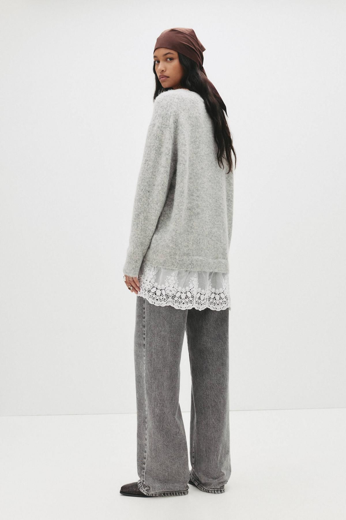 풀앤베어 레이스 배색 브이넥 울블렌드 니트 스웨터 7550/371 GREY MARL - 상세 이미지 4
