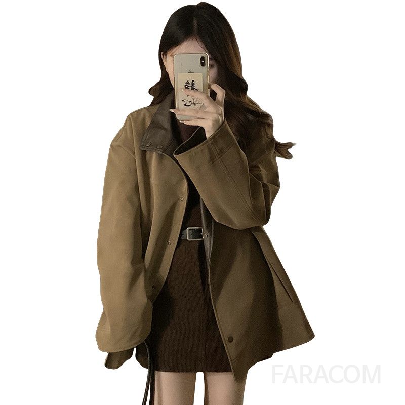 여성 빅사이즈 양면 리버시블 레더 자켓 루즈핏 오버핏 숏코트 투웨이 트렌치 캐주얼 데일리 아우터 봄 가을 - 상세 이미지 5