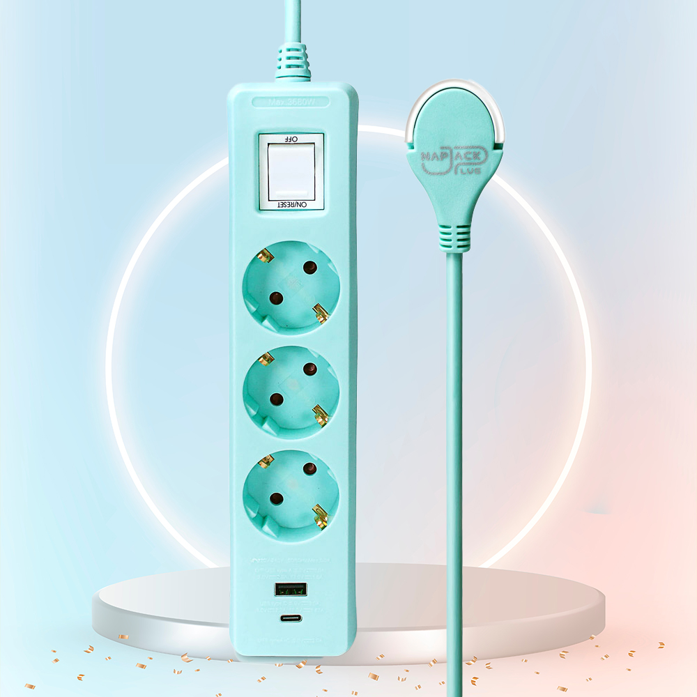 러그박스 3구 USB-A USB-C 타입 콘센트 멀티탭 1.5m, 민트, 1개 - 메인 이미지