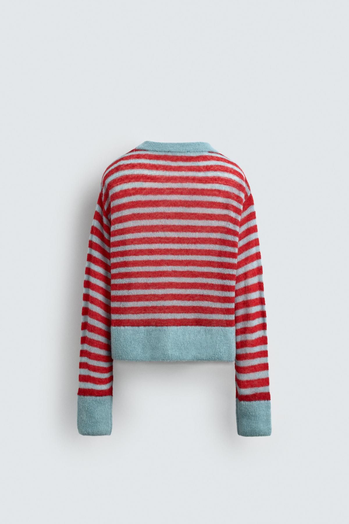 자라 스트라이프 크롭 니트 가디건 X 해리 램버트 디즈니 5755/501 RED STRIPE - 상세 이미지 3
