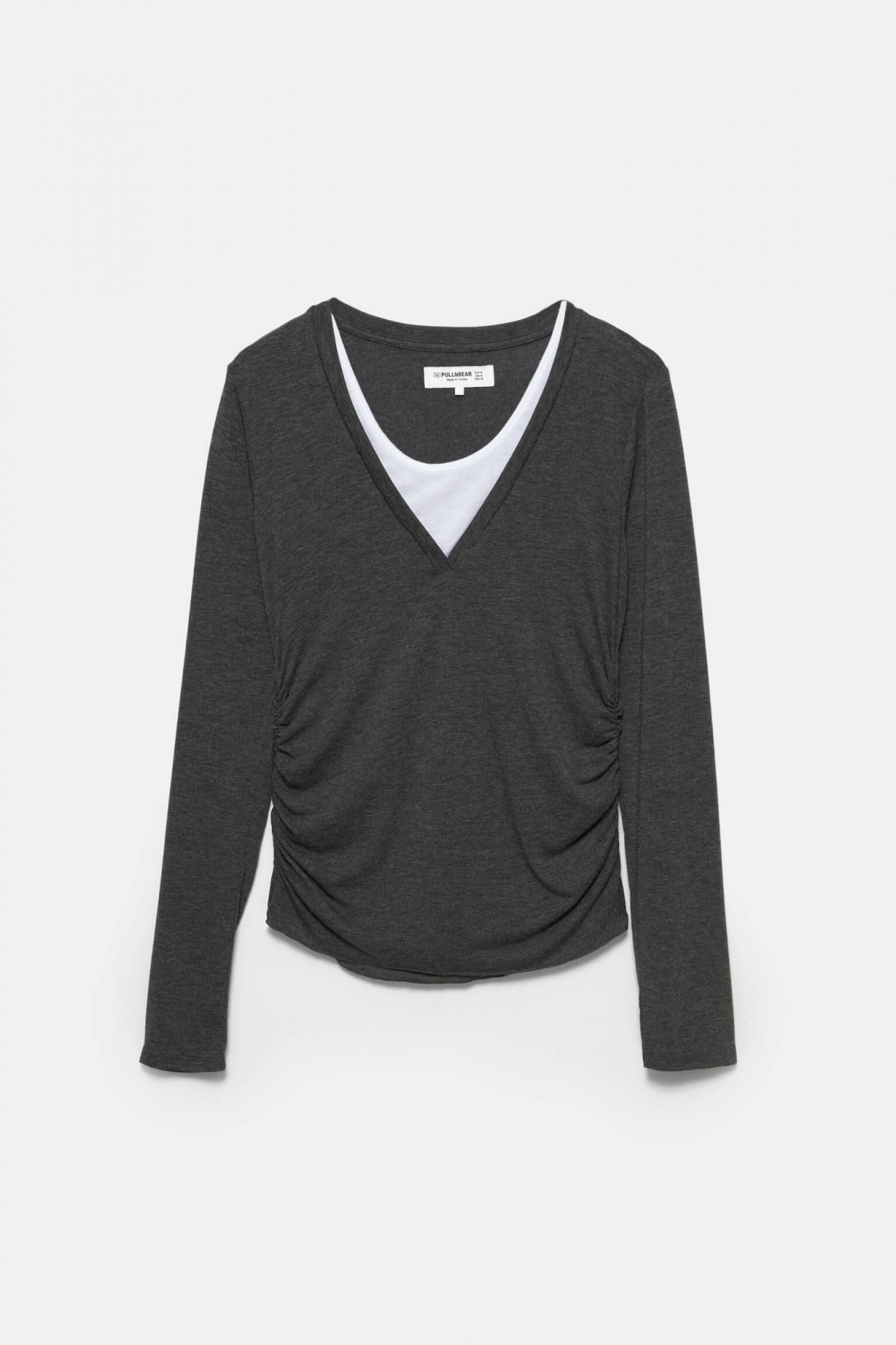 풀앤베어 데일리 더블 브이넥 사이드 셔링 긴팔 티셔츠 7153/357 ANTHRACITE GREY - 메인 이미지