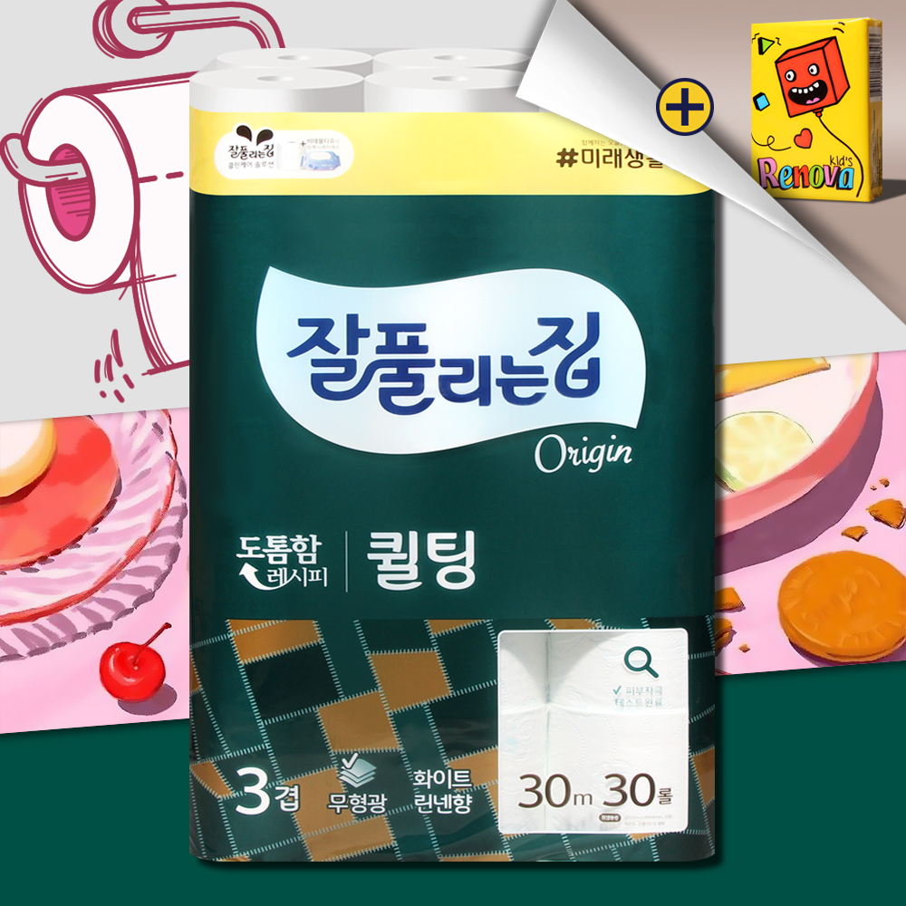 잘풀리는집 퀼팅 화장지 3겹 30m 30롤 1팩 먼지없는 물에잘녹는 두루마리휴지 - 상품 이미지