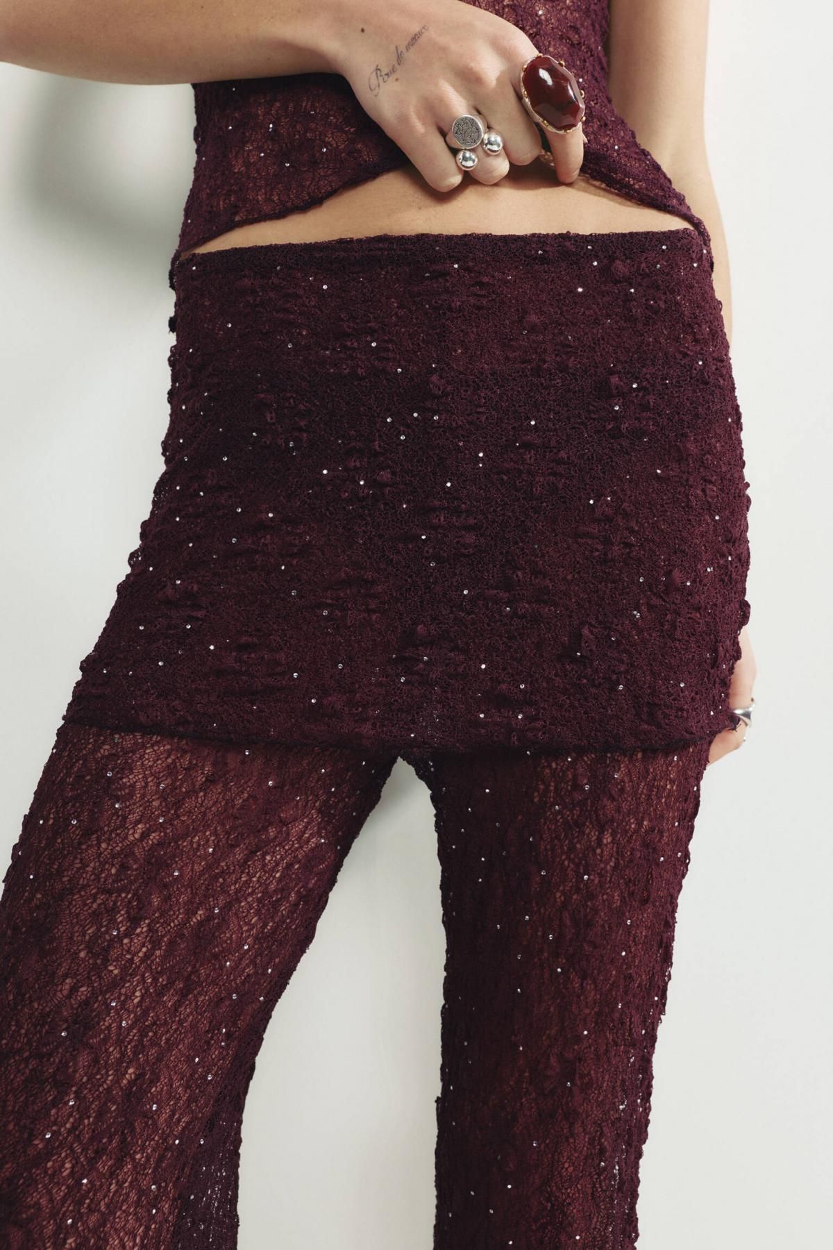 풀앤베어 글리터 레이스 턴업 플레어 팬츠 7675/412 BROWN - 상세 이미지 5
