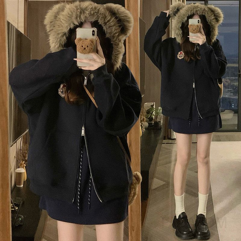 여성 빅사이즈 퍼 후드 플리스 항공 점퍼 뽀글이 집업 자켓 오버핏 캐주얼 보온 데일리 아우터 봄 가을 - 메인 이미지