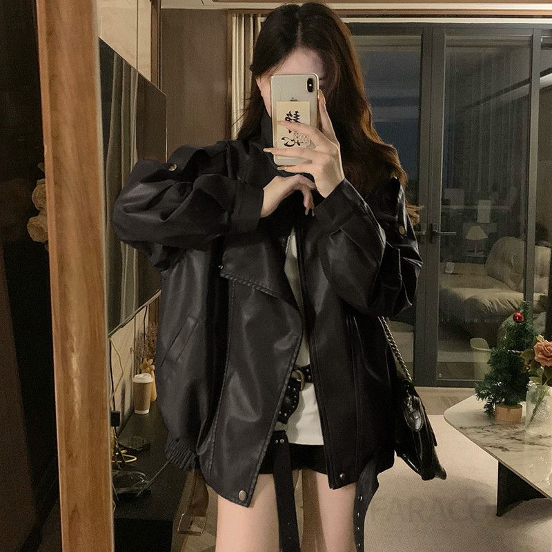 여성 빅사이즈 박시핏 오버핏 레더 가죽 자켓 점퍼 아우터 빈티지 레트로 간절기 시크 데일리 라이더 블루종 봄 가을 - 상세 이미지 2