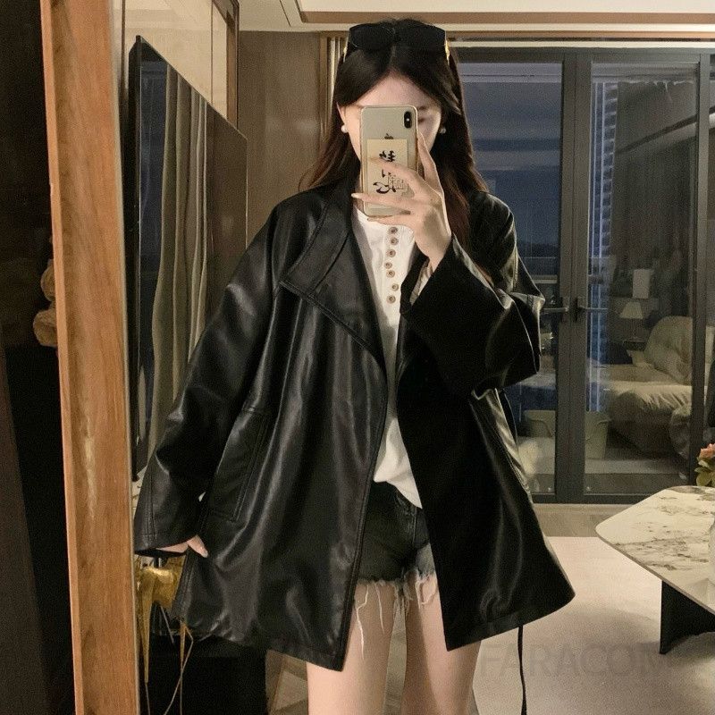 여성 빅사이즈 루즈핏 벨티드 레더자켓 숏 아우터 시크 모던 캐주얼 간절기 가을 데일리 오피스룩 가죽 - 상세 이미지 4