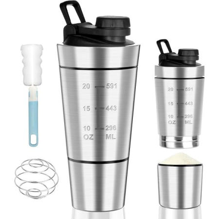 [해외]POFIBO 포피보 단백 쉐이커 스테인리스 스틸 - 파우더 칸이 있는 600+200ML 컵, 저울이 BPA 프리, 이중벽, 단백, , 피트니스 쉐이크용 [B0DBH3HPXB